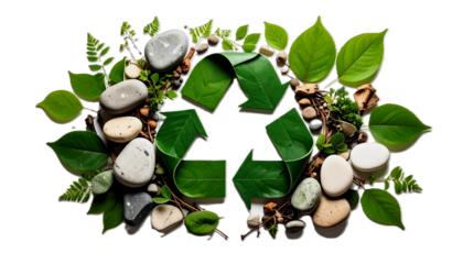 Handcrafted Green Recycling Symbol Cut Out, Constructed from Organic Materials: Twigs, Fresh Foliage, and Earth Stones, Isolated on White.