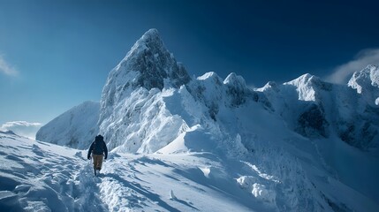 Lone mountaineer trekking towards a majestic snow covered mountain peak in winter.