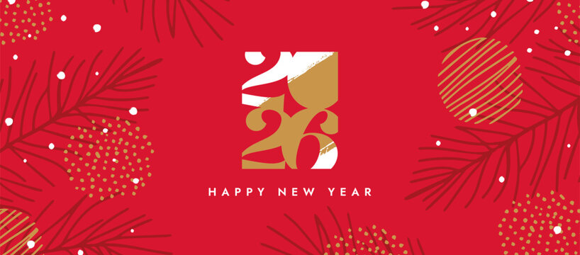 Happy New Year 2026 greeting card or banner. Modern Xmas design with beautiful typography logo 2026, Christmas tree branches with snow. Minimal elegant art banner, poster, cover template.