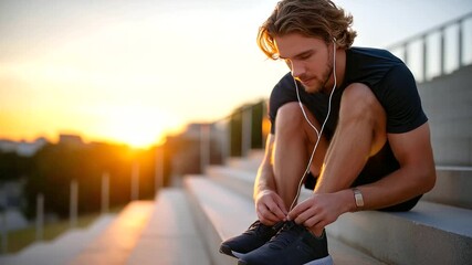 Man in headphones tying running shoes on stadium stairs, determination expression, sunrise rays, with copy space