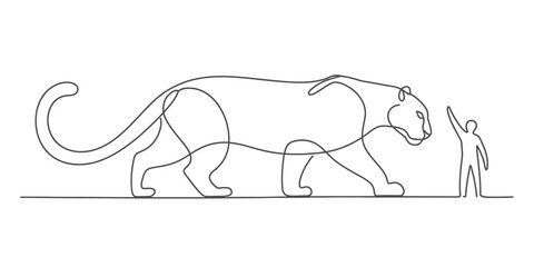 Continuous single line drawing of a powerful walking feline (tiger/jaguar) next to a small human figure, minimalist art on white. Vector, illustration