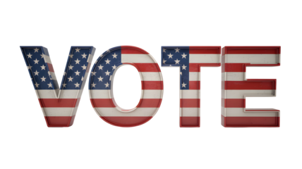 The word vote spelled out with letters featuring the american flag pattern isolated on transparent background