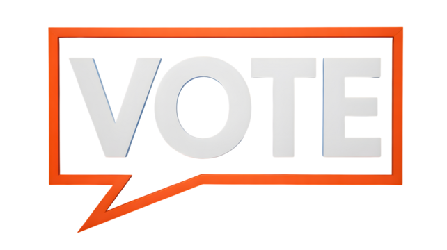 White 3d letters spelling the word vote inside an orange speech bubble outline isolated on transparent background - Powered by Adobe