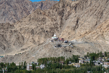 Leh, India - September 25, 2025: Famous Shanti Stupa located on a hilltop overlooking Leh