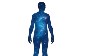 Human silhouette experiencing universe connection with cosmic nebula and stars, representing inner spirituality, cosmos, and energy