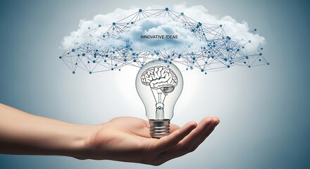 A hand holds a lightbulb with a brain inside, connected to a cloud network labeled "Innovative Ideas," symbolizing remote data access and collaboration in thought.