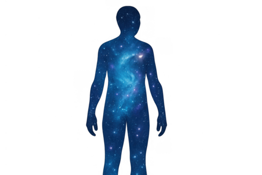 Human silhouette experiencing universe connection with cosmic nebula and stars, representing inner spirituality, cosmos, and energy
