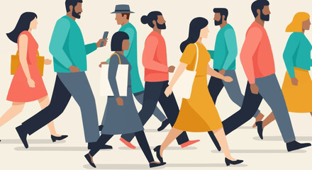 Diverse group of people walking in a city street.