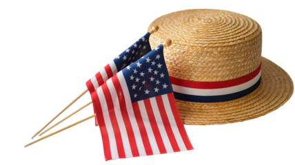 Straw boater hat with patriotic american flag decorations isolated on transparent background