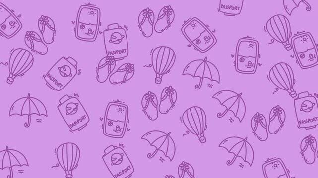 Background with travel icons, passports, umbrellas. Suitable for travel websites, brochures, social media posts, or vacation themed designs.
