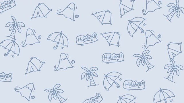 Seamless pattern of travel icons like tents and trees. Suitable for travel themed websites, wallpapers, stationery, and tourism promotional materials.