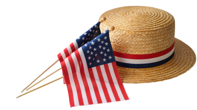 Straw boater hat with patriotic american flag decorations isolated on transparent background