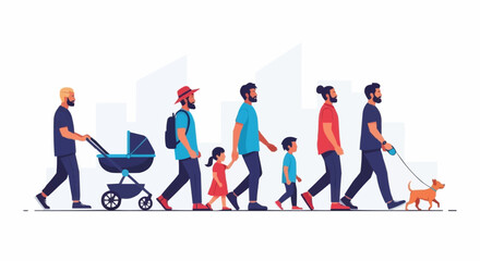 Progression of a man through life stages with family and pets.