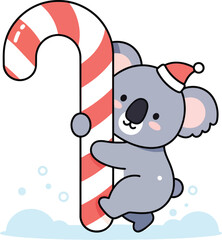 Cute Christmas koala holding candy cane wearing Santa hat