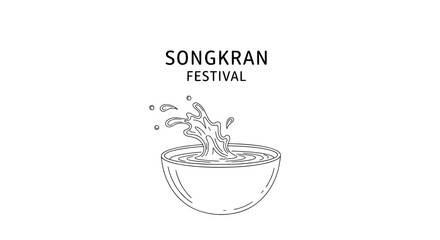 Songkran Festival, Thai New Year celebration vector illustration; traditional water splashing in a bowl, a symbol of purification and washing away bad luck; line art design for posters, banners, and g