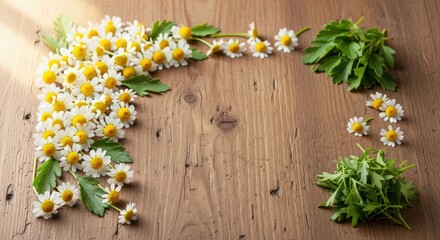 Obraz premium Fresh chamomile flowers and green leaves on wooden table background. Herbal medicine and natural remedy concept. Top view, copy space.