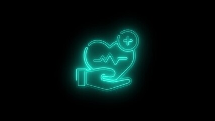 Glowing neon line Heart in hand icon Hand giving love symbol. Valentines day , cyan color black background. 4K Video