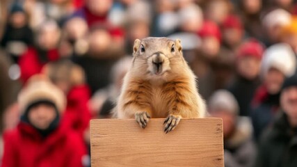 A lively groundhog stands on a wooden pedestal, surrounded by a cheering crowd, marking a beloved tradition