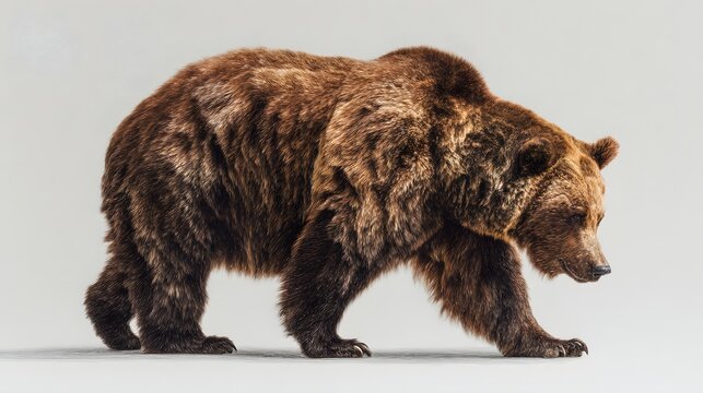 Majestic brown grizzly bear walking in profile on a clean isolated background.