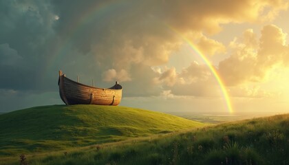 Obraz premium Wooden boat rests hilltop under rainbow sky. Ark genesis story. Vessel awaits next journey. Religious faith concept with covenant of new beginning. Hope, mercy, grace, peace idea divine