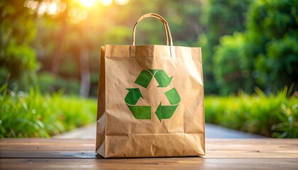 A brown paper shopping bag with a green recycle symbol printed on it stands on a wooden surface against a blurry green background with sunlight