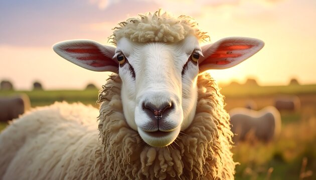 Close-up portrait of a domestic sheep in a green meadow at sunset with warm light