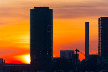Scenic view with Main River and skyline at sunset at German city of Frankfurt on an autumn day. Photo taken November 22nd, 2025, Frankfurt am Main, Germany.