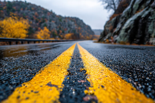 Wet asphalt road with bright yellow dividing lines winding through autumn forested hills and rocky cliffs on a misty overcast day