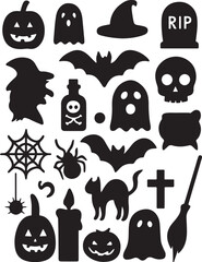 Halloween icons set with pumpkin ghost bat cat and spooky elements vector illustration