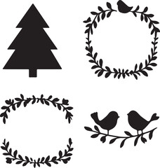 Set of vector Christmas elements with birds and nature decorations