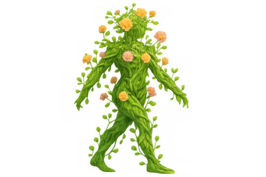 Green vine figure walking, symbolizing nature, growth, and environmental care, isolated on transparent background