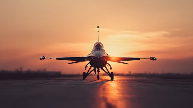 Military fighter jet silhouette on an airport runway at sunset.