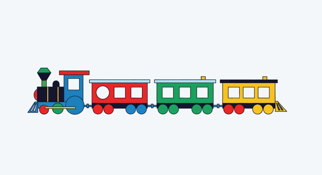 Colorful cartoon toy steam train with a blue engine and three vibrant passenger carriages.