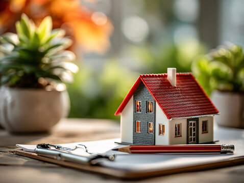 a small model house with a red roof and a pencil on a clipboard. In the background, there are blurred potted plants with green leaves and yellow flowers. - Powered by Adobe