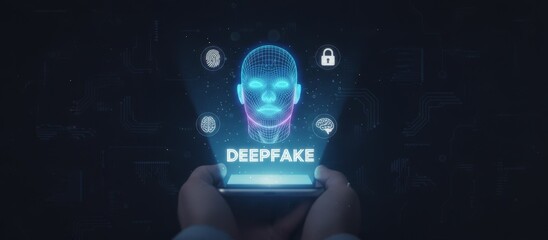 Hands holding a smartphone projecting a glowing wireframe human head labeled deepfake with ai, fingerprint and cybersecurity lock icons on a dark digital background