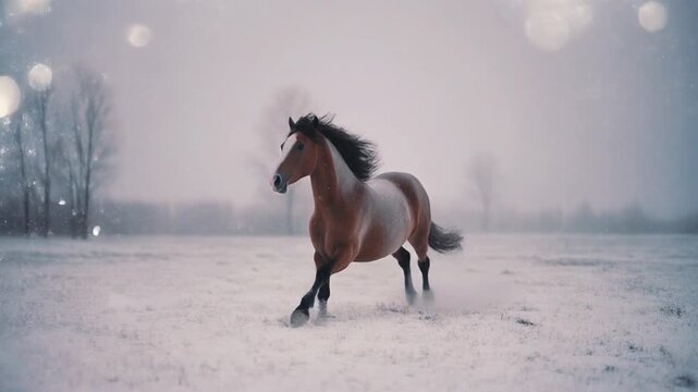 Dreamlike Horse Running Freely Across a Quiet Snow Field with Soft Pastel Winter Tones and Floating Camera Movement