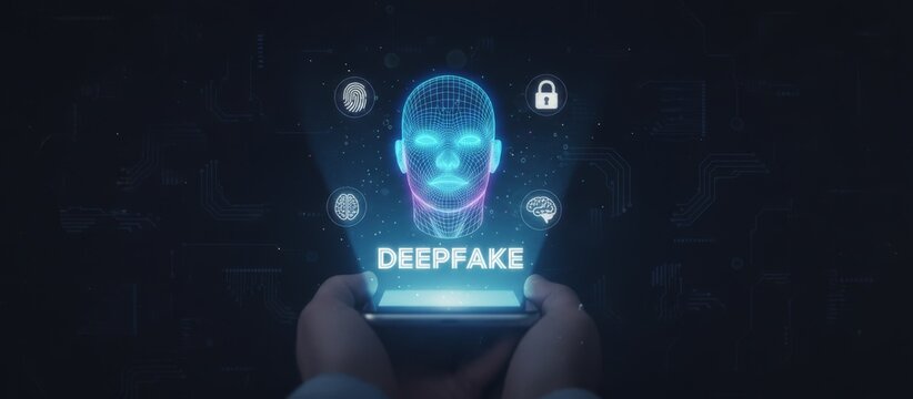 Hands holding a smartphone projecting a glowing wireframe human head labeled deepfake with ai, fingerprint and cybersecurity lock icons on a dark digital background