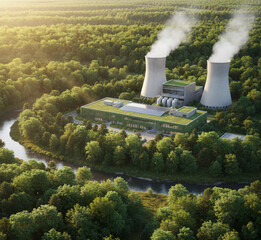 Sustainable Energy Integration: Aerial View of a Modern Nuclear or Thermal Power Plant with Cooling Towers Situated Cleanly in a Lush Green Forest and River Landscape, Symbolizing Environmental Respon