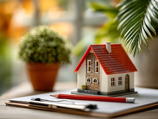 a small model house with a red roof and a pencil on a clipboard. In the background, there are blurred potted plants with green leaves and yellow flowers.