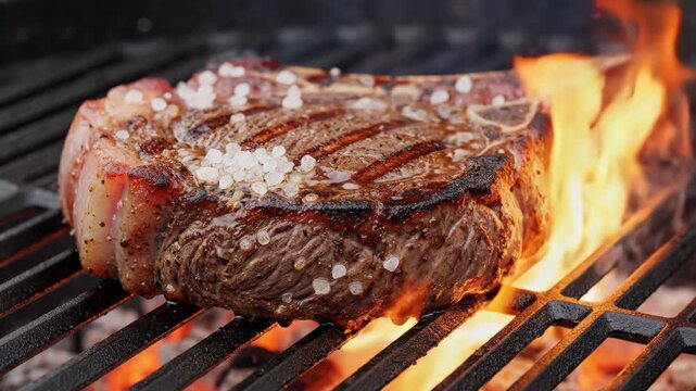 A juicy, seared tomahawk steak, seasoned with salt, cooking over hot charcoal flames