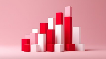 Modern abstract bar graph made of red and white blocks against a pink wall.
