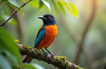 Fototapeta premium Pitta megarhyncha bird perches on tree branch. Mangrove pitta is rare bird. Colorful feathers adorn this wild animal in tropical rainforest habitat in Asia. Green rich foliage creates nice background.