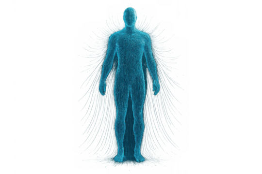 Human body anatomy hologram showing internal structure and a complex biological system, spiritual aura energy transparent background