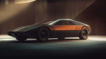 Vintage concept sports car at studio with sleek futuristic wedge design, evoking 80s retro automotive vibe
