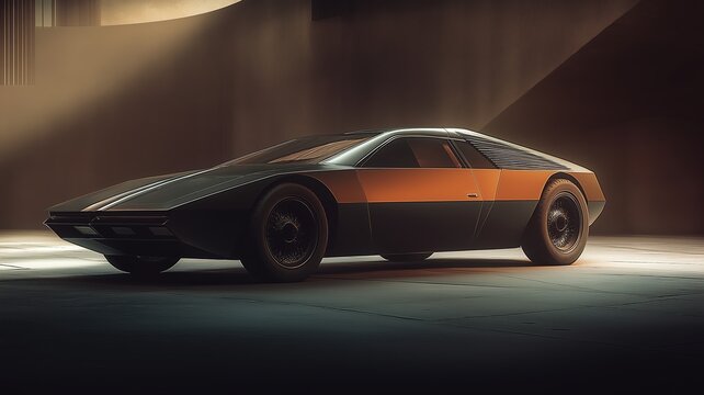 Vintage concept sports car at studio with sleek futuristic wedge design, evoking 80s retro automotive vibe