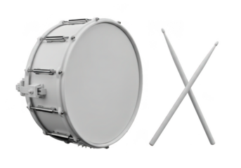 White bass drum with sticks isolated on transparent background for music and performance use