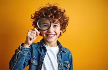 Happy boy holds magnifying glass. Curly child explores with lens. Kid smiles with magnifier. Schoolboy studies, investigates something. Education, discovery concept. Student looks through optical
