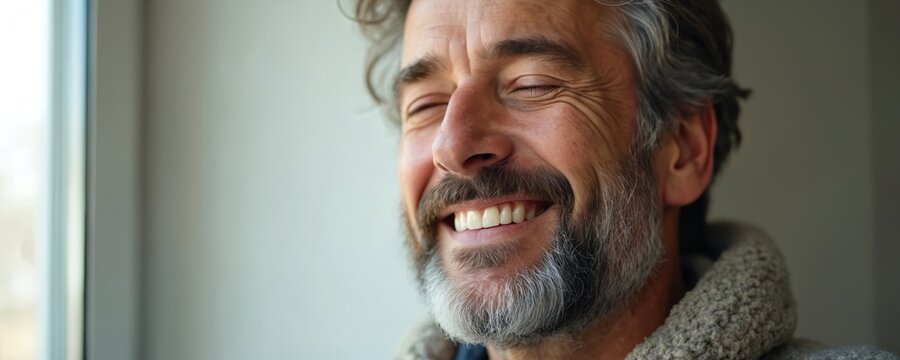 Joyful mature man laughs loudly with closed eyes, showing white teeth. Senior guy smiles broadly, expressing happiness. He has gray beard and curly hair. This person feels content and positive.