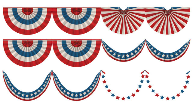 Collection of patriotic american usa flag themed decorative bunting garlands and banners in red white and blue isolated on transparent background