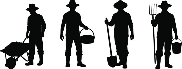 Farmer silhouettes set, agriculture worker vector, gardening tools collection, man with shovel wheelbarrow pitchfork, rural lifestyle illustration, farm labor people, black isolated figures. © It's Majed Here